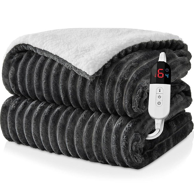 Easthome Electric Heated Blanket Queen Size Dual Control - 84"x90" Fast Heating Bed Blankets with 6 Heating Levels & 10 Hours Auto Off, Soft Ribbed Flannel, Over-Heat Protection ETL, Dark Gray