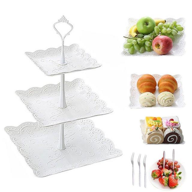 Dessert Pastry Stand Plastic Fruits Cupcake Plate for Party Wedding 3 Tier Serving Platter Tea Stand and Trays Towers and Fork