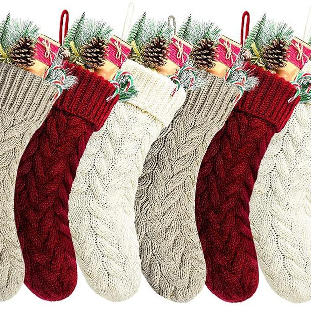Kunyida Christmas Stockings, 20 Inch Burgundy, Ivory, Khaki Cable Knit Stockings Christmas Holiday Decoration, 6 Pack