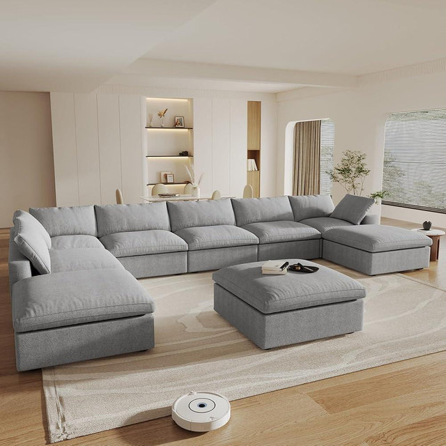 Cloud Couch Modular Sectional Sofa,196inch U-Shaped Sectional Sofa with Storage Ottomans,Oversized Down Filled Convertible 9 Seater Linen Living Room Sets, Covers Washable&Replaceable,Gray