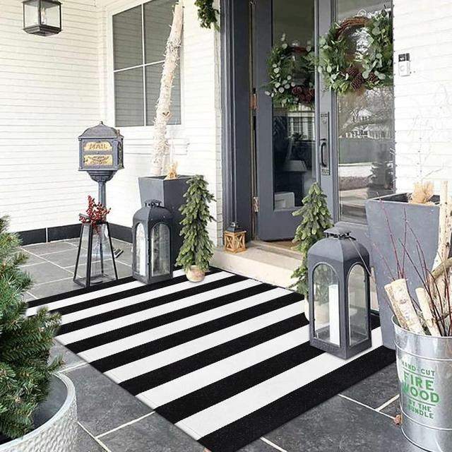 Black and White Rug 3’ x 5’, Hand-Woven Washable Striped Outdoor Rug for Welcome Layered Door Mats,Farmhouse Modern Porch Indoor Area Rug for Entryway/Kitchen/Patio