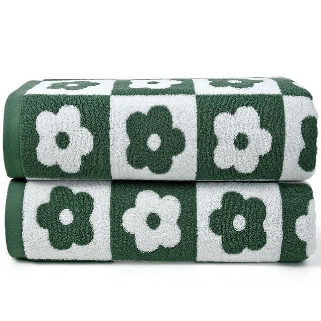 Jacquotha Green Bath Towels Set of 2 Checkered Floral - Quick Dry Cotton Towels Decorative Bathroom Essentials for Women Men Kids Gifts 27.5x55 Inches
