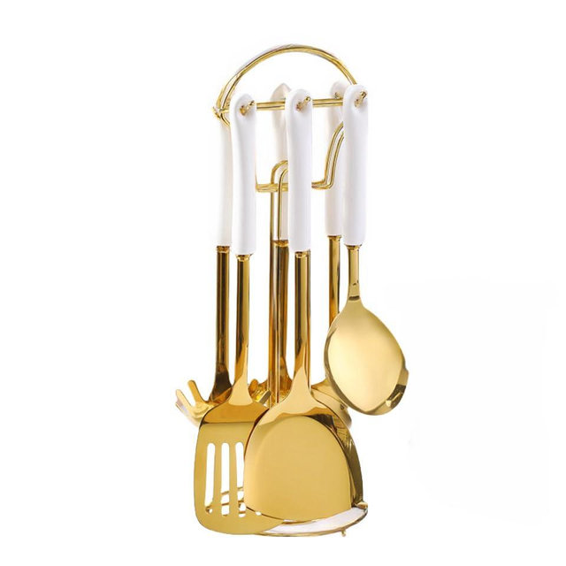 Ceramic Handle Stainless Steel Kitchenware Cooking Utensils 7 Pcs with Hanging Shelf Anti Scalding Cooking Sets Light Luxury Kitchenware Sets (White)