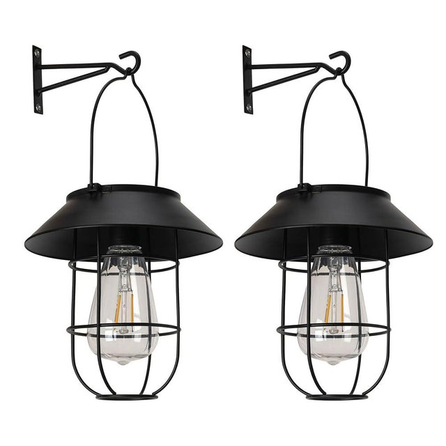 Solar Lanterns Outdoor Waterproof - 2 Pack Hanging Solar Lights with Auto On/Off, High Brightness Retro Metal Lanterns for Patio, Porch, Yard Decor (Includes Wall Hooks)