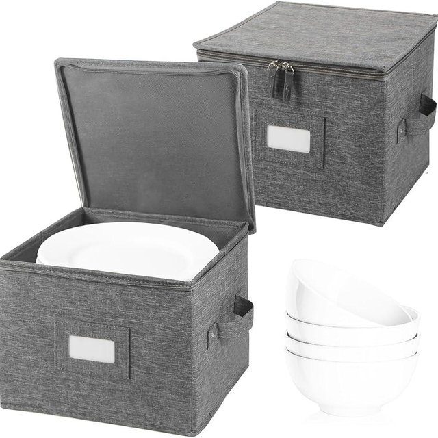 popoly China Storage Container for Bowls or Dessert Plates, 8.5" W x 6" H Plate Storage Case with 24 Felt Dividers, Hard Shell and Stackable (2 Pack Grey)