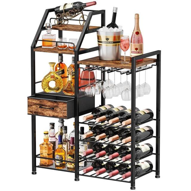 HapiRm Wine Rack Freestanding Floor - Multi-Tier Liquor Cabinet with Fabric Drawer, Liquor Bottle Display Shelf with Glass Holder, Vintage Whiskey Cabinet for Home