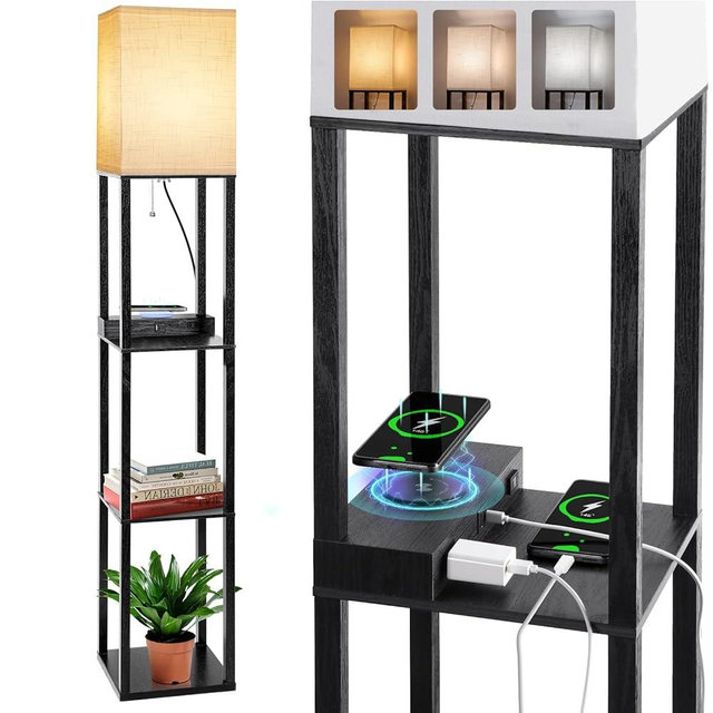 【Upgraded】Floor Lamp with Shelves, LED Shelf Floor Lamps with Wireless Charger & USB+TypeC Charging Ports & 2 AC Outlets, 3 Color Temperature Black Tall Standing Lamp for Living Room, Bedroom, Office