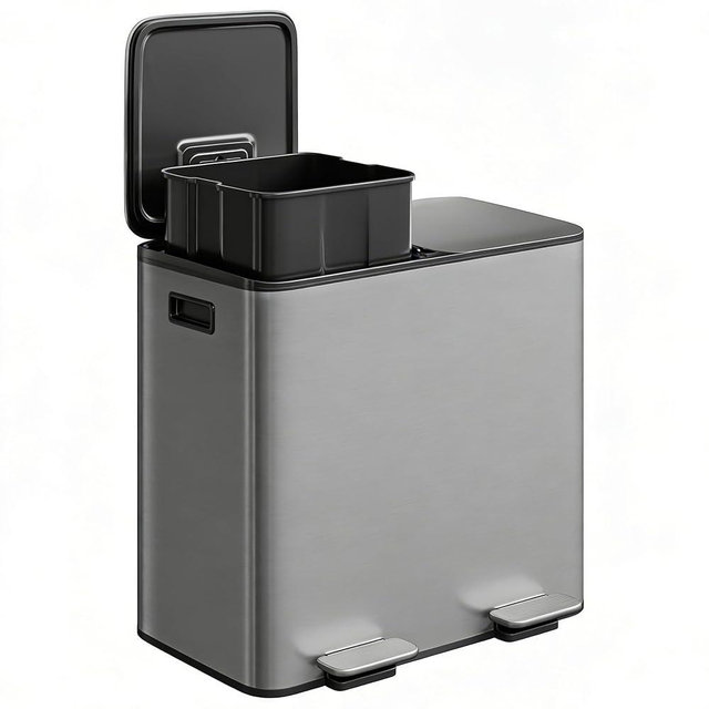 GarveeHome 2 x 10.6 gal Stainless Steel Double Trash Can with Lid for Kitchen, Large Dual Trash and Recycle Bin Combo, Step-on Kitchen Metal Garbage Cans, PP Inner Buckets, Liner Rim, Matte Grey