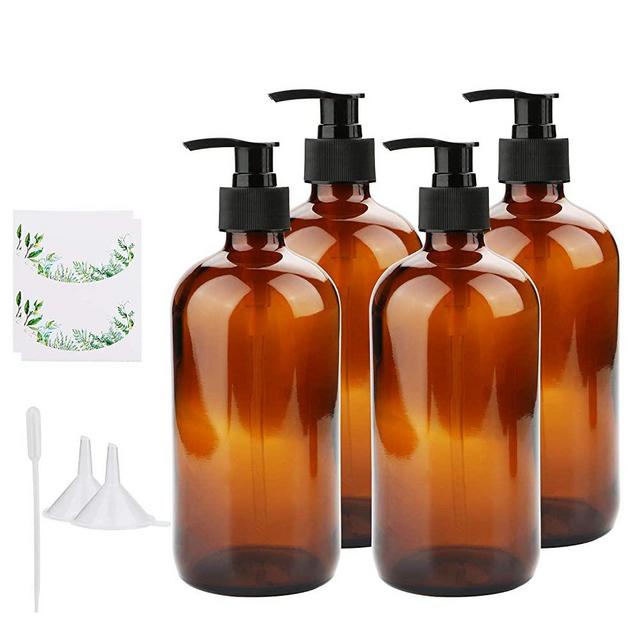 Empty Press Pump Bottles, Maredash Amber Glass Storage Bottle w/Pump Head & Labels, liquid soap dispenser Refillable Container for Water, Essential Oils, Cleansing Shampoo, etc (16oz, 4Pcs)
