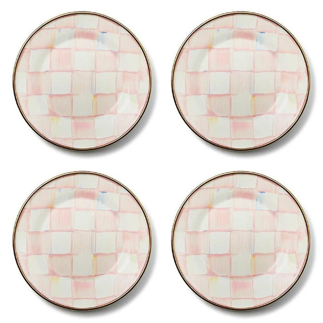 MACKENZIE-CHILDS Set of 4 Enamel Appetizer Plates, Mini Dessert Plates, 5 Inches, Pink-and-White Rosy Check