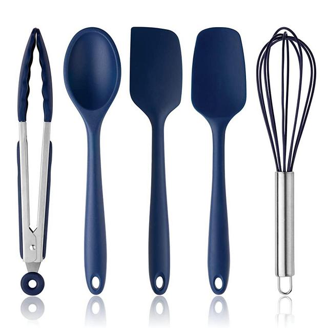 COOK WITH COLOR Silicone Cooking Utensils, 5 Pc Kitchen Utensil Set, Easy to Clean Silicone Kitchen Utensils, Cooking Utensils for Nonstick Cookware, Kitchen Gadgets Set (Navy with Stainless Steel)