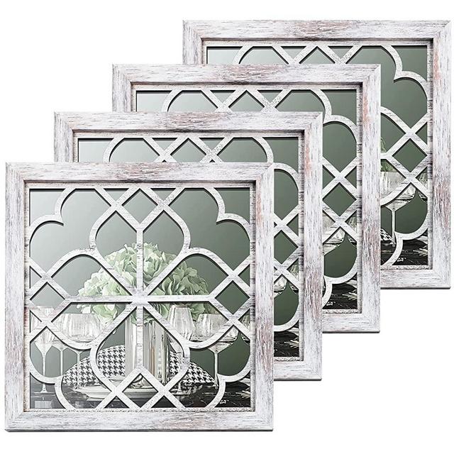 4 Pcs 12 x 12 Inch Farmhouse Wall Mirrors Wall Mounted Square Rustic Farmhouse Accent Mirror White Decorative Mirrors for Wall Bedroom Kitchen Bathroom Entryway Laundry Home Living Room Art Decoration