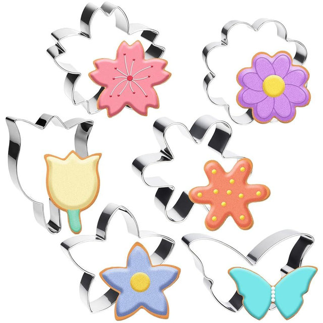 6 PCS Flower Cookie Cutters Set, Stainless Steel Flowers Cookie Cutters, Butterfly Cherry Blossom Tulip Daisy Shaped Baking Tools for Home Baking, Party Favors (Flower & Butterfly)