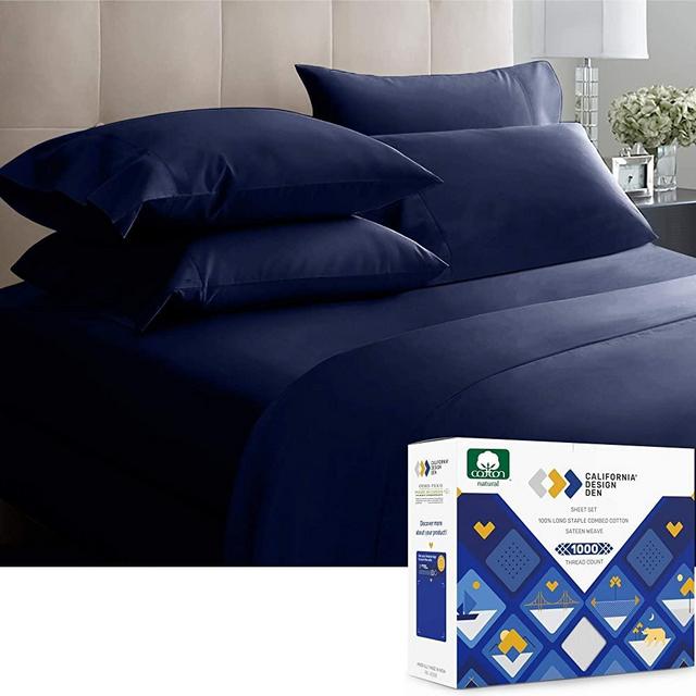 California Design Den Luxurious Deep Blue Queen Sheets - 1000 Thread Count 100% Real Cotton, Sateen Weave Soft 4 Piece Bedsheet Set, Elasticized Deep Pocket Fits Low Profile Foam and Tall Mattresses