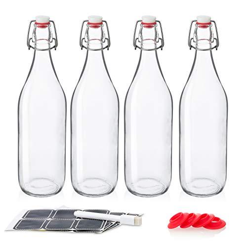 Swing Top Glass Bottles 32oz / 1 Litre - CERAMIC TOPS - Giara Glass Bottles With Stopper Caps - Flip Top Water Bottles - Clear [4pk Set]