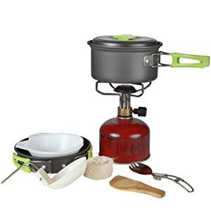 Camping Cookware Mess Kit Backpacking Gear & Hiking Outdoors Bug Out Bag Cooking Equipment 10 Piece Cookset | Lightweight, Compact, & Durable Pot Pan Bowls - Free Folding Spork, Nylon Bag, & Ebook