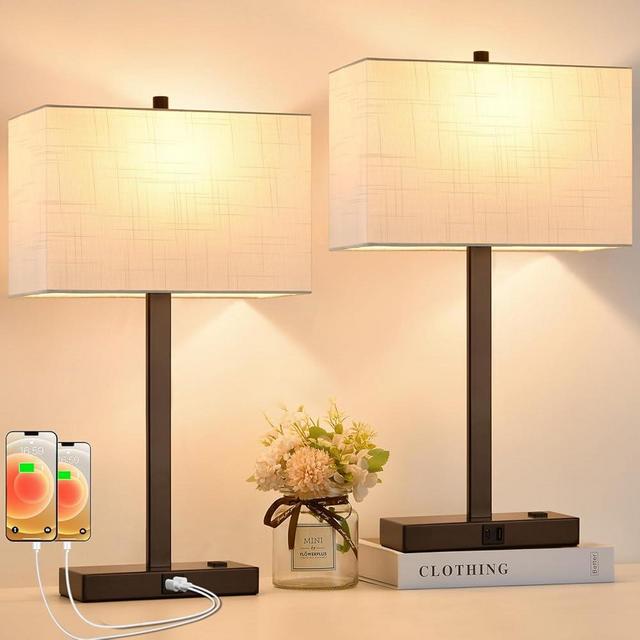 Lynnoland 21" Set of 2 Table Lamps with 2 USB & AC Outlets, Touch Control 3-Way Dimmable Bedside Lamps for Bedroom Living Room Office Reading, White Shade Bedroom Lamps, 2700K LED Bulbs Included