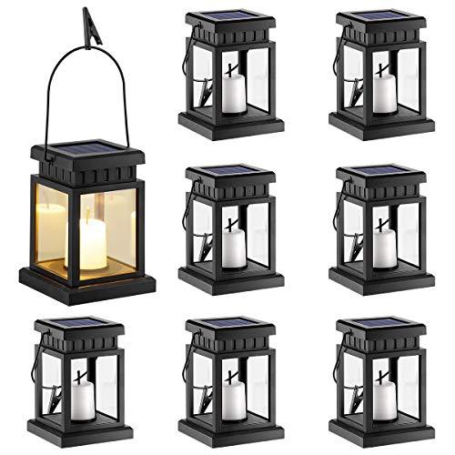 GIGALUMI 8 Pack Solar Hanging Lantern Outdoor, Candle Effect Light with Stake for Garden,Patio, Lawn, Deck, Umbrella, Tent, Tree,Yard,Driveway-Warm White