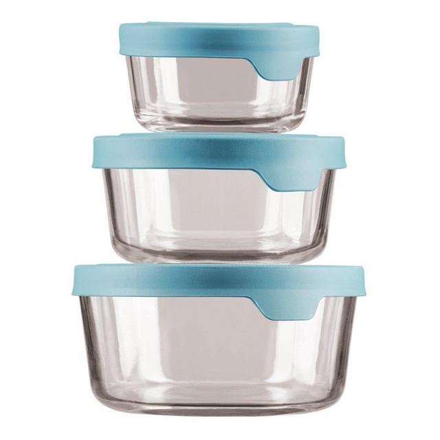 Anchor Hocking TrueSeal Glass Food Storage Containers with Mineral Blue Airtight Lids, 6-Piece Round Set