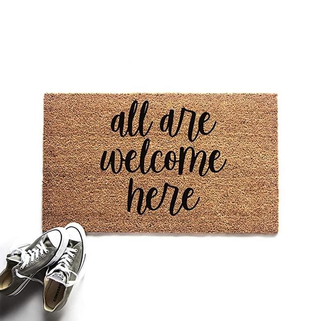 All Are Welcome Here Doormat - 18 Inch by 30 Inch Outdoor Coir Welcome Mat with Durable PVC Backing