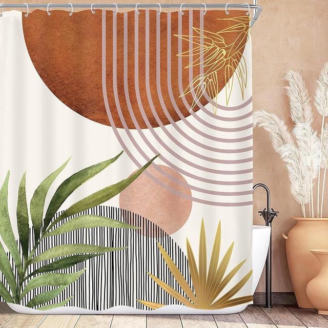KOMLLEX Mid Century Boho Shower Curtain for Bathroom Decor Abstract Modern Sun Minimalist Aesthetic Arch Curve Leaves Geometric Neutral Fabric Waterproof Polyester 12 Pack Hooks Brown 60Wx72H Inches