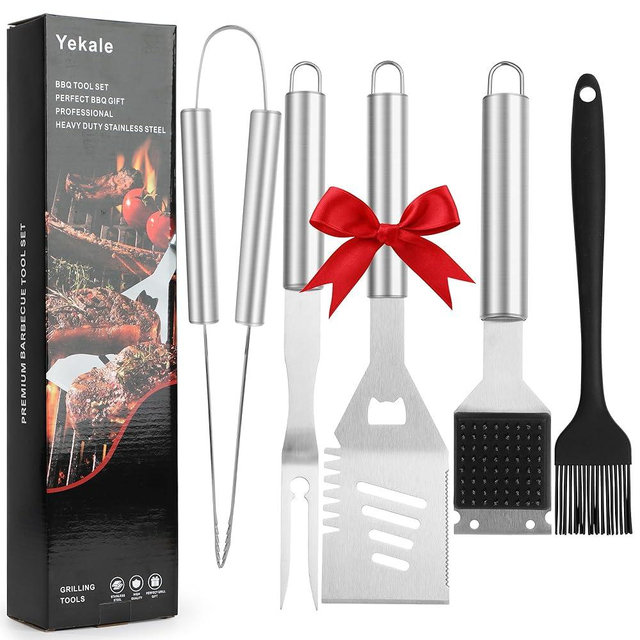 Yekale BBQ Grill Accessories Set, Grill Tools Grilling Accessories Grilling Gifts for Men - Spatula, Fork, Brush, Tongs & Cleaning Brush - Outdoor Barbecue Utensils Gifts for Men Dad Him (Sliver)
