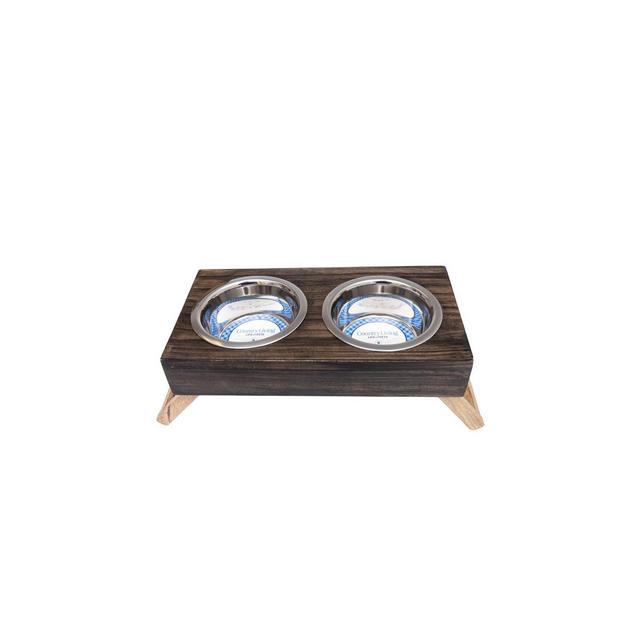 Country Living Classic Elevated Pet Feeder - Solid Mango Wood with Brown Polished Finish, Includes 2 Medium Stainless Steel Bowls