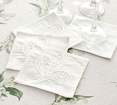 Monique Lhuillier Lily of the Valley Embroidered Cotton/Linen Cocktail Coasters - Set of 4