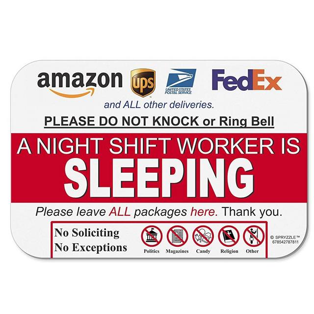 Night Shift Worker Sleeping Sign - Leave Package Sign Do Not Knock or Ring Bell - Great for any Daysleeper 6" x 9" No Rust PVC Will Not Scratch Door Easy to Hang with Included Tape US Made by SPRYZZLE