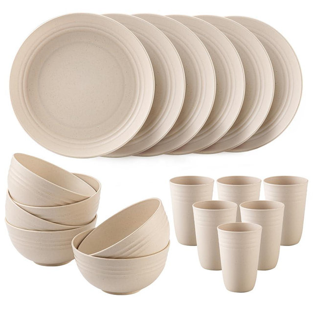 18pcs Wheat Straw Dinnerware Sets, Unbreakable Dinnerware Set Lightweight Dishes Set Dinner Plates Cereal bowls Cups Kitchen Plates and Bowls Set Microwave and Dishwasher Safe