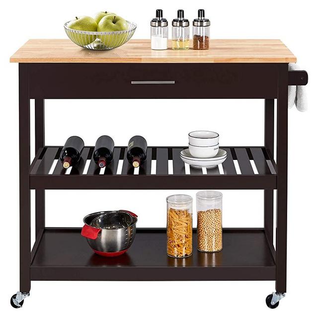 Yaheetech Kitchen Island on Wheels, 3 Tier Rolling Microwave Oven Cart Serving Cart with Storage Drawer and Shelves 40’’ W Wood Top, Espresso