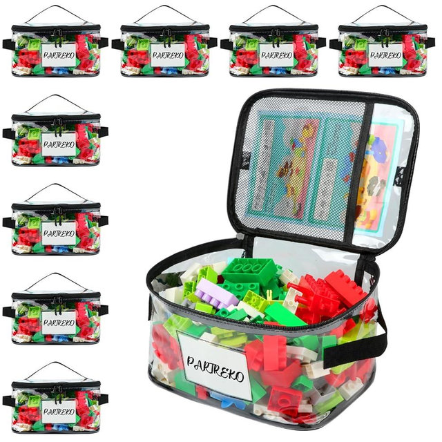 Partreko 8 Pack Clear Toy Storage Bag with Name Tag& Manual Pocket, Wide-open Transparent PVC Toy Organizer Case with Portable Handle for Lego Bricks, Building Blocks, Board Games& Puzzles (Black)