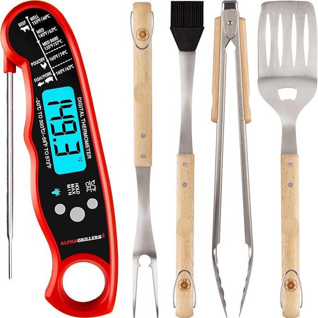 Alpha Grillers Digital Meat Thermometer & Wood Grill Tool Set - BBQ, Grilling, and Cooking Gift