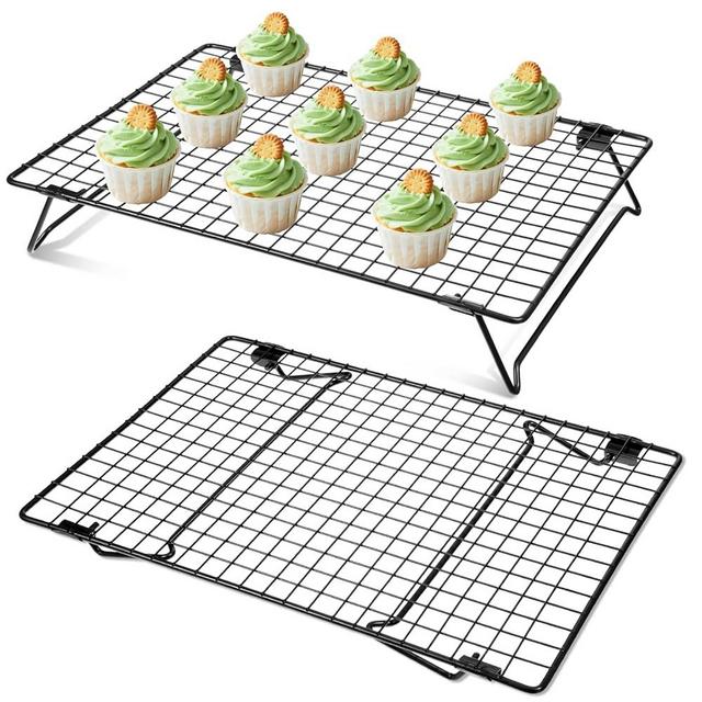 2 Pcs Cooling Racks for Baking 13.38 x 9.57 Inch Stackable Cookie Cooling Racks with Folding Legs Black Wire Rack for Cooking Roasting Drying Grilling