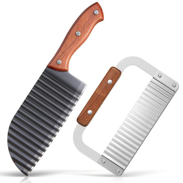 Patelai 2 Pcs Crinkle Cutter Set for Potato Vegetable French Fry, Stainless Steel Blade Wavy Slicer, Wavy Crinkle Cutting Tool Salad Chopping Knife Soap Fruit French Fry Slicer (Wooden Handle,Rufous)