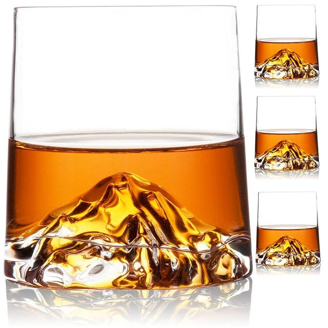 HCYCFY Old Fashioned Whiskey Glasses Set of 4 with Slate Coasters，8.5 oz Mountain Crystal Glass for Drinking Bourbon,Cognac， Scotch, Cocktails, Gift For Men, Dad, Husband, Boyfriend