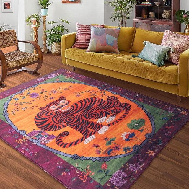 Tiger Rug Washable 3x5 ft Oriental Traditional Animal Print Vintage Fuchsia Floral Tibetan Rugs for Bedroom Kitchen Living Room Indoor Entryway