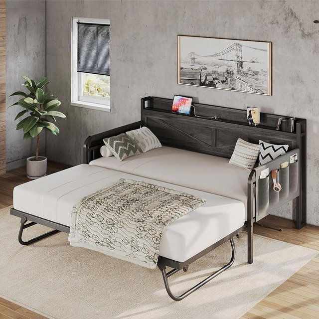 LIKIMIO Twin Daybed, Day Beds with Pop Up Trundle, Storage Headboard with Charging Station, Strong Supports for Apartment and Other Small Space, Charcoal Grey