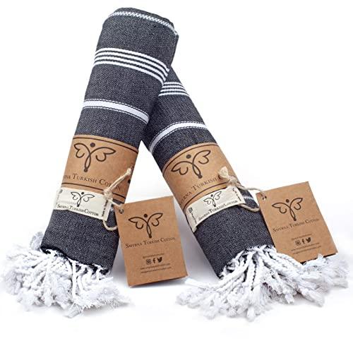 Smyrna Original Turkish Hand Towels Classical Series Set of 2 | 100% Cotton, 16 x 40 Inches | Decorative Bathroom Peshtemal Towel for Hand, Face, Hair, Gym, Yoga, Tea, Kitchen and Bath (Black)