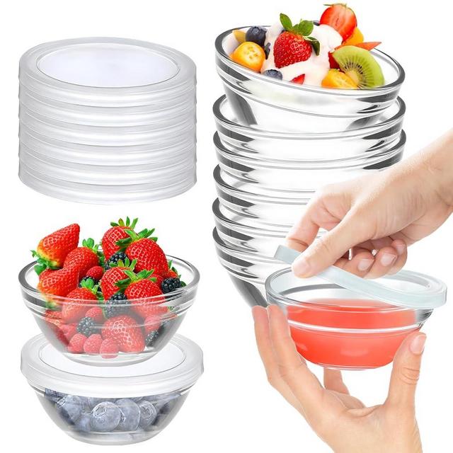 FUYITE 6 Pack Mini 3 Inch Small Glass Bowls with 6 Pack Lids, 2.5 oz Clear Glass Pinch Bowls, Condiment Containers, for Dips, Nuts, Candy, Snacks, Meal Prep Bowls