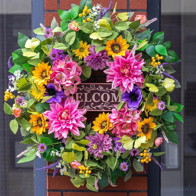 Spring and Summer Wreath for Front Door 24 Inch Spring Wreath with Lifelike Sunflower,Pink and Purple Dahlia Spring Door Wreath with Welcome Sign,Outdoor Wreath for Spring and Summer