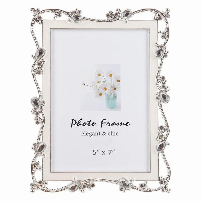 Licotom Metal Picture Frame Silver Plated with Cream White Enamel and Jewels 5x7 Inch, Ideal Anniversary Wedding Mother's Day Gift Photo Frame