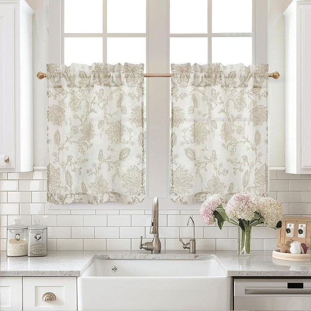 DriftAway Kitchen Curtain Floral Tier Linen Short Floral Paisley Patterned Cafe Curtains 24 Inch Length for Living Room Bathroom Freda Jacobean Farmhouse Country Drapes Rod Pocket 2 Panels Taupe