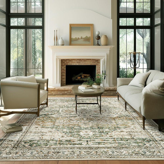 Soalmost 9x12 Area Rugs for Living Room, Non Slip Machine Washable Vintage Rugs, Low Pile Lightweight Large Rug for Bedroom, Dining Room, Home Office Olive