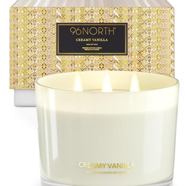 96NORTH Creamy Vanilla Scented Candles | Large 3 Wick Jar Candle | Up to 40 Hours Burning Time | 100% Natural Soy Wax | Relaxing Scented Candle for Home | Gift-Ready Luxury Candle for Men & Women