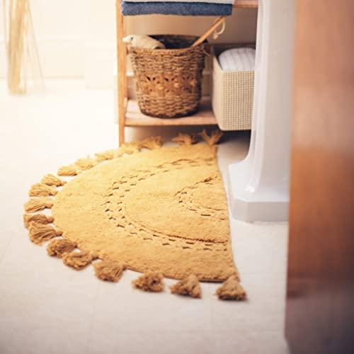Half Circle Bohemian Bathroom Rug with Tassels & Crochet Insert. Beautifully Handcrafted with Natural 100% Cotton, Machine Washable. Boho Rug for Bedroom. Popular Honey Mustard 36”x18