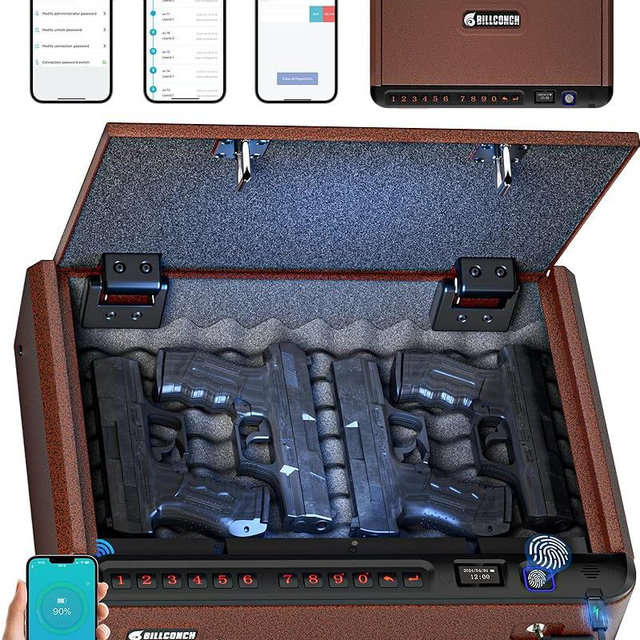 BILLCONCH Smart Gun Safe with Security Cable - Biometric Gun Safe for Handgun 4 Ways Quick Access with Fingerprint/Keypad/Key/APP Lock for Bedside Home Car with LCD/Voice Guide - Brown