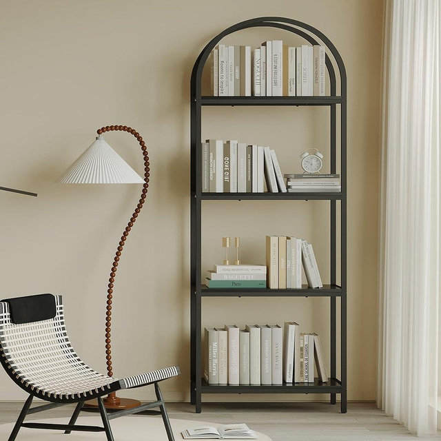 Kogven Bookshelf Arched Bookcase, Industrial 4-Tier Open Book Shelves with Metal Frame, 72" Tall Freestanding Storage Display Rack for Home Office, Living Room (Black, 4 Tier Arched)