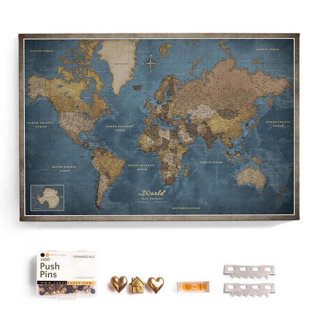 Canvas World Map with Cork Pin Board - English Lettering - Decorative Wall Decoration for All Rooms - Canvas Pictures with World Map Motif (90x60 cm, Pattern 13)