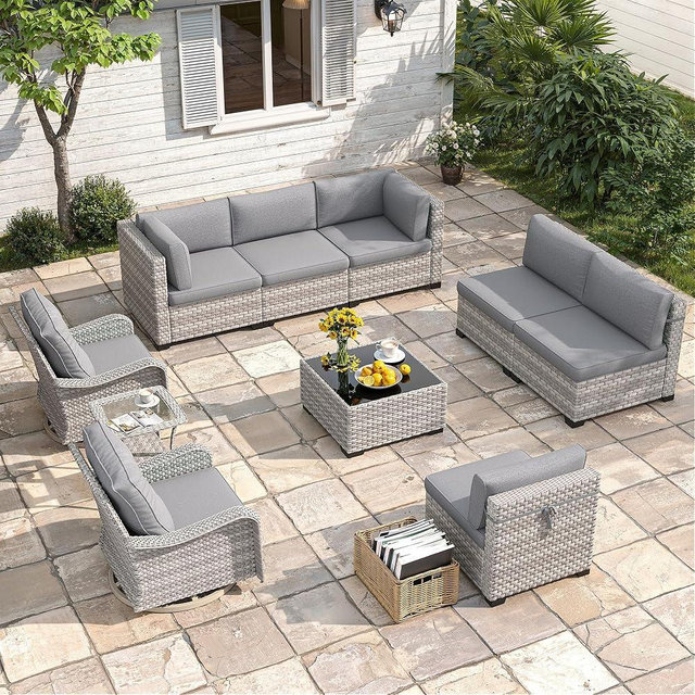 MAISON BACKYARDS 8-Seat Modern Patio Furniture Set with Swivel Rocking Chairs, Thick 4″ Cushions, Dual-Strand Wicker Rattan, Rust-Resistant Steel Frame – Outdoor Conversation & Modular Sectional,Gray